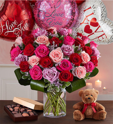 LAVISH LOVE W/ BEAR, CHOCOLATES,& BALLOONS