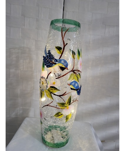 LED 3D GLASS VASE WITH BLUE JAYS