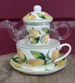 Lemon Tree teacup and glass teapot Glass teapot with teacup