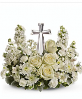 Life's glory bokay All white flowers around a crystal cross