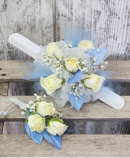 Light blue and white wrist corsage
