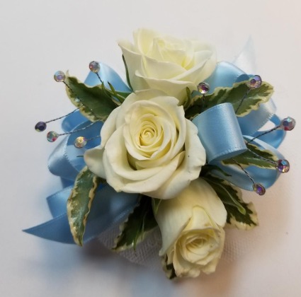 Light Blue Ribbon with White Roses