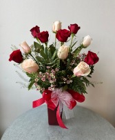 Light Pink and Red Dozen Roses  