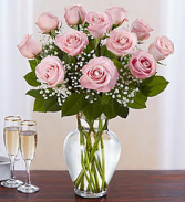 Light Pink Dozen Roses W/Baby Breath Floral Arrangement