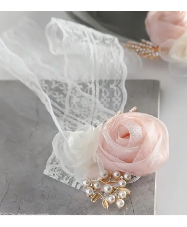 Light Pink Tulle Rose Corsage Bracelet in Newmarket, ON | FLOWERS 'N THINGS FLOWER & GIFT SHOP