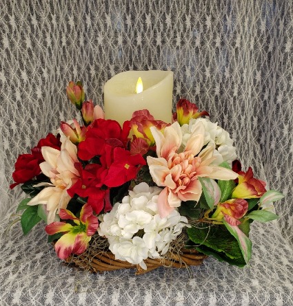 Light Up Candle in Basket Silk Arrangement Silk flowers w/ Light Up Candle in Basket