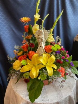 Lighted Angel arrangement  keepsake with fresh flowers 