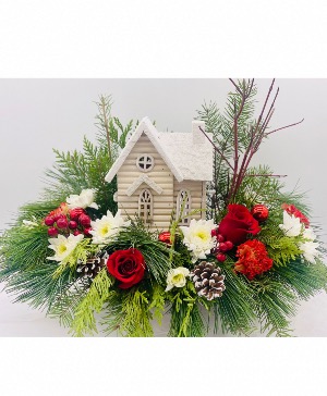 Lighted Christmas Cabin  Arrangement  Front Facing