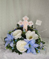 Ceramic Light Up Cross w/ Blue & White Silks 