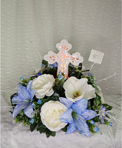 Ceramic Light Up Cross w/ Blue & White Silks 