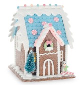 lighted gingerbread house blue roof 