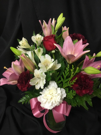 Lilies and Roses Vase Arrangement in Red Lake, ON | FOREVER GREEN GIFT BOUTIQUE
