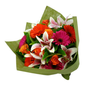 LILLIES, ROSES, AND GERBER DAISY WRAPPED BOUQUET