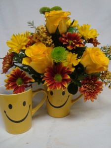 "Happy Autumn" Happy face mug with roses and  bright fall daisies!