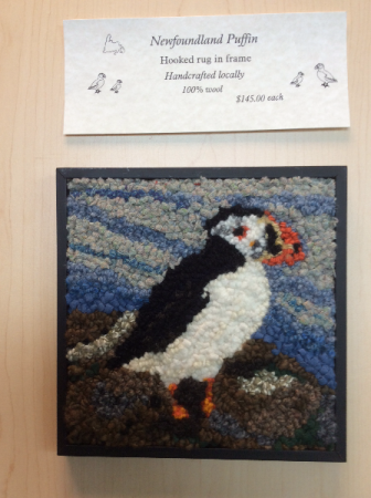 Local Hooked Wool puffin In wood frame