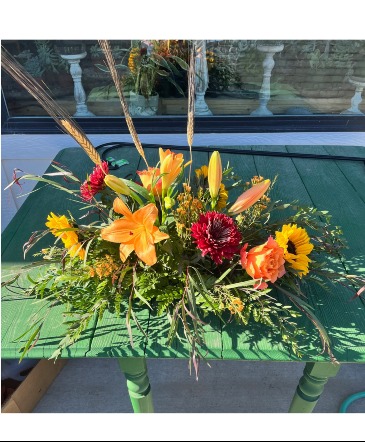 long and low fall arrangement  in Coralville, IA | Every Bloomin' Thing
