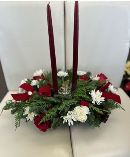 Long and Low Holiday Centerpiece with glass deer Arrangement
