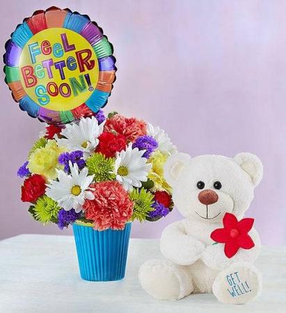 Get well soon cheap flowers and teddy bear