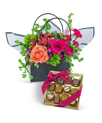 Love and Chocolate Blooming Tote Ensemble Flower Arrangement