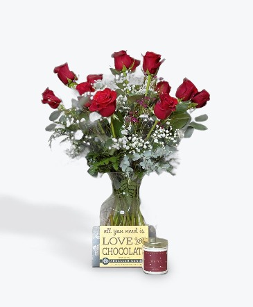 LOVE AND CHOCOLATE  CLASSIC DOZEN WITH CHOCOLATE AND CANDLE in Windom, MN | SHANNON LYNN'S FLORAL & BOUTIQUE