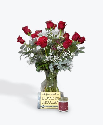 LOVE AND CHOCOLATE  CLASSIC DOZEN WITH CHOCOLATE AND CANDLE
