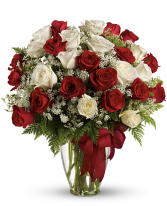 Love Divine 24 Red and White Roses(Vases may be Red)
