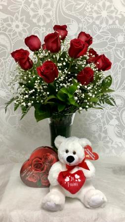Thinking of You  12 red roses, chocolates & teddy bear