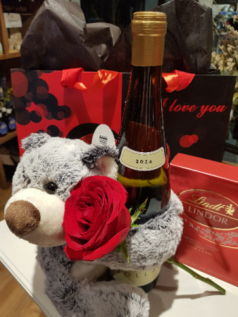 LOVE, HUGS & CHEERS! Single rose, bear, wine, and chocolates