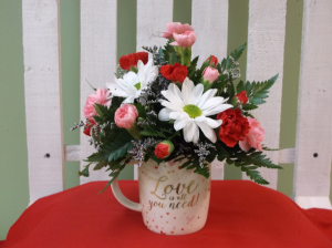 LOVE IS ALL YOU NEED MUG ARRANGEMENT in Springfield, VT | WOODBURY FLORIST LOVE IS ALL YOU NEED MUG ARRANGEMENT in Springfield, VT | WOODBURY FLORIST