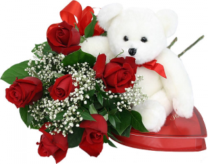 Love is in the air 1/2 doz roses bear and chocolates