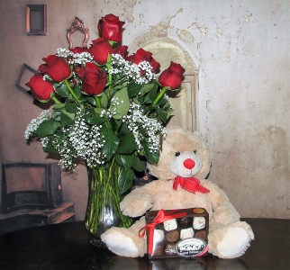 Love Me Tender 1Dz Red Roses Medium Light Brown Bear + Medium Box of Chocolates