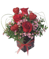 Love Note  Red roses in red cube vase