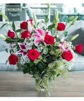 Love Story Lily | Dozen Roses Vased Arrangement