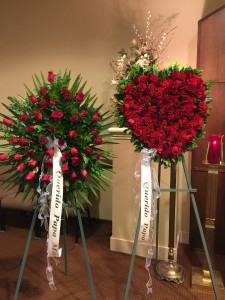We Love You Forever All Roses Standing Spray & Roses & Carnations Solid Heart