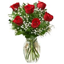 LOVE YOU SIX ROSES IN VASE WITH BABY BREATH & GREENERY