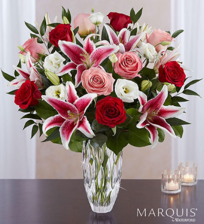 Love you till eternity  Lilly and dozen rose vase 
