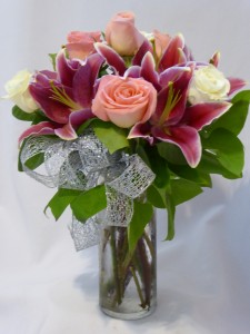 LOVELY LADY- Roses, Pink Lilies Roses, Flowers, Flower Arrangements, Flower Bouquets, Flowers Roses Gifts Prince George BC. Add Chocolates & Gifts