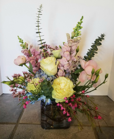 Lovely Lavender Vase fresh arrangement in Enfield, NH - SAFFLOWERS