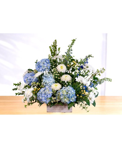 Loving: Blue, Green and White  Large Wooden Box Arrangement