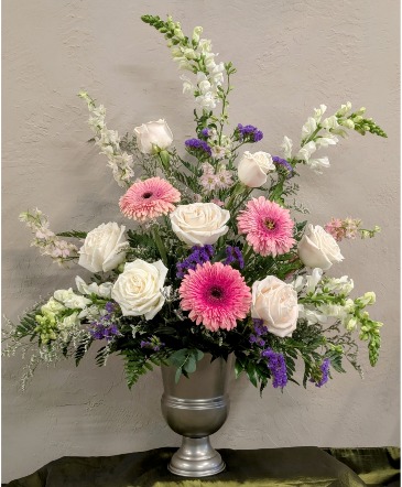 Loving Light Pink and white Urn Arrangement in Bend, OR | AUTRY'S 4 SEASONS FLORIST