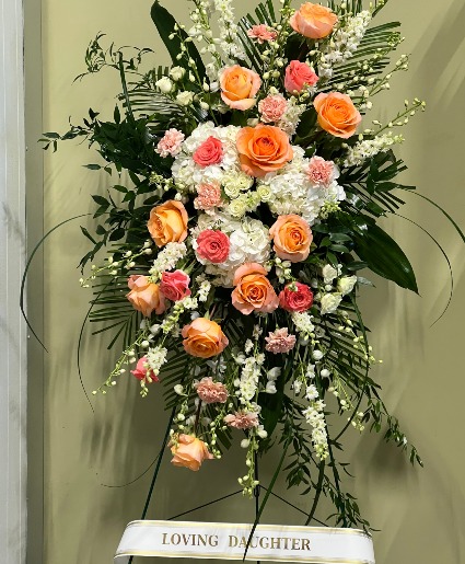 Loving Peachy Pinks And Whites Casket Spray