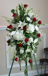 LOVING RED ROSE & WHITE HYDRANGEA 7' STANDING FUNERAL PC ON A STAND