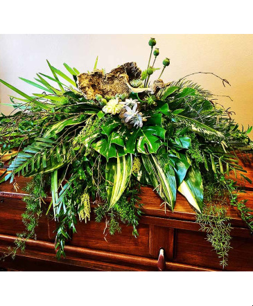Peaceful Shades and Textures of Green Casket Spray in Port Stanley, ON | Flowers By Rosita
