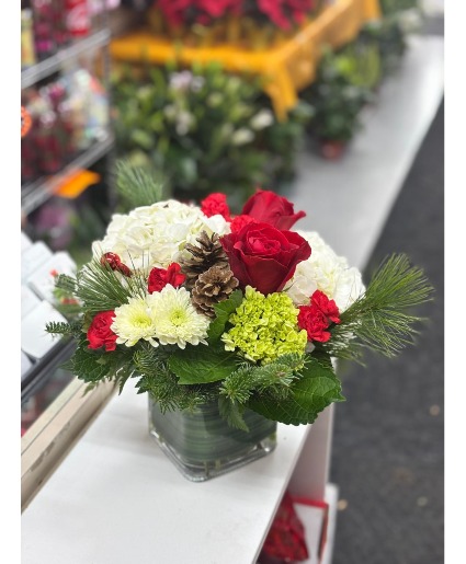 Low compact Holiday vase arrangement 