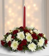Christmas Favorite!! Centerpiece with red and white flowers and Christmas greens with trim and candle