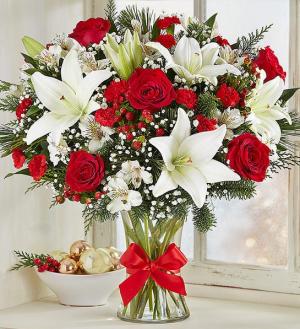 Lush seasonal vase arrangement winter, christmas,