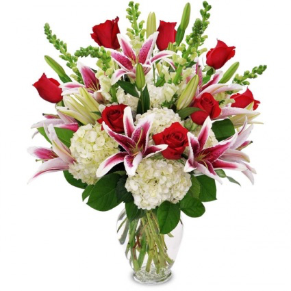 Luxurious Roses, Lilies and Hydrangeas Premium Vase Arrangement