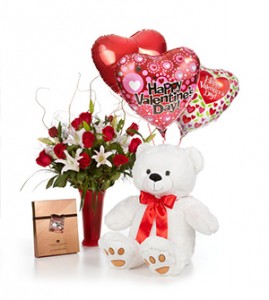 Luxury Dozen Roses with Large Bear, Premium Harry  London Chocolates and Balloons