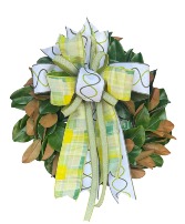 MAGNOLIA TWO TONED WREATH WITH EARTHY, GREEN BOW SILK WREATH WITH BOW 