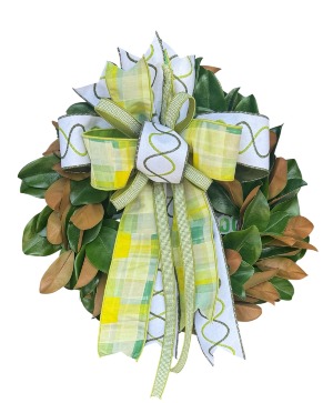 MAGNOLIA TWO TONED WREATH WITH EARTHY, GREEN BOW SILK WREATH WITH BOW 